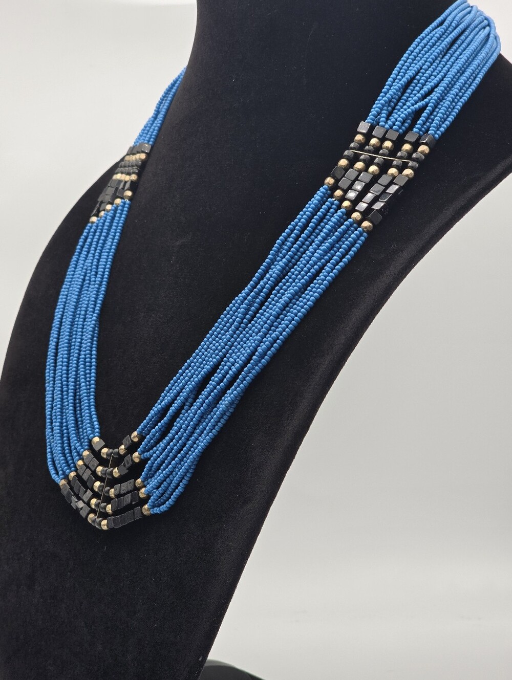 Vintage Navajo Blue Turquoise Seed Bead, Onyx and Sterling 15 Strand Necklace - Picture 2 of 7